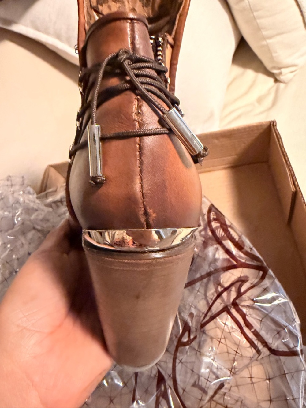 Tan Leather Laser-Cut Ankle Booties with Buckle Detail - Picture 7 of 8